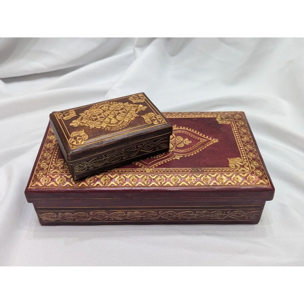 Vintage Signed Leather/Faux Box Set, Hand Tooled Brazilian Storage Boxes